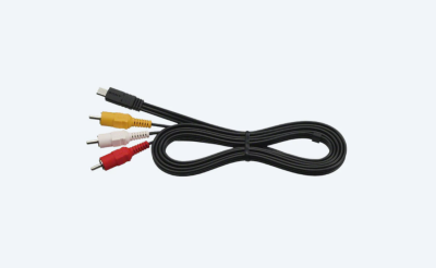 A black audio cable with 4 connectors marked with red, white, yellow and black